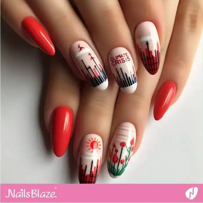 Red Nails with Climate Crisis Theme | Climate Crisis Nails - NB3186